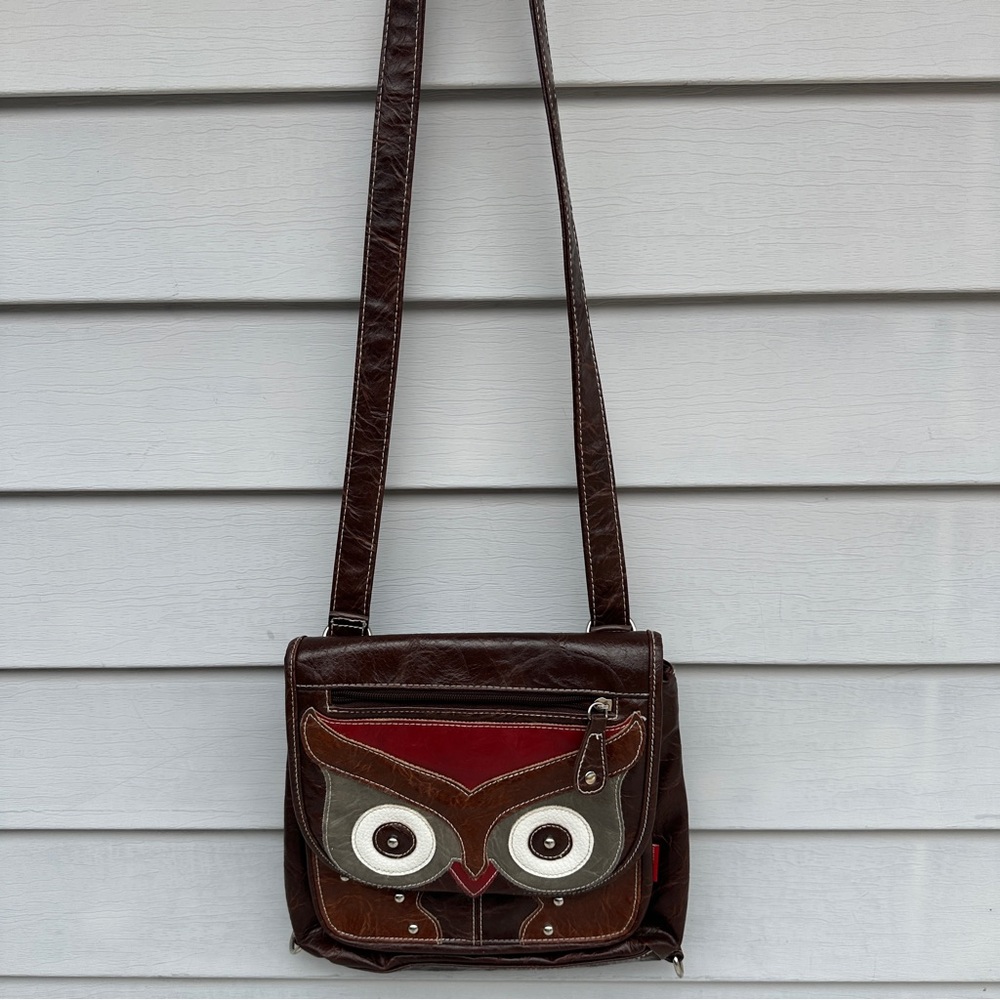 Vintage UNIONBAY Owl Crossbody Backpack Purse Bag Vegan Leather Studded Brown